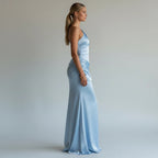 ZOFIA ATELIER light blue satin one-shoulder sleeveless long formal dress with ruched detailing.