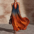 ZOFIA ATELIER orange and blue ombre sleeveless maxi dress with a deep V-neck and wide hem.