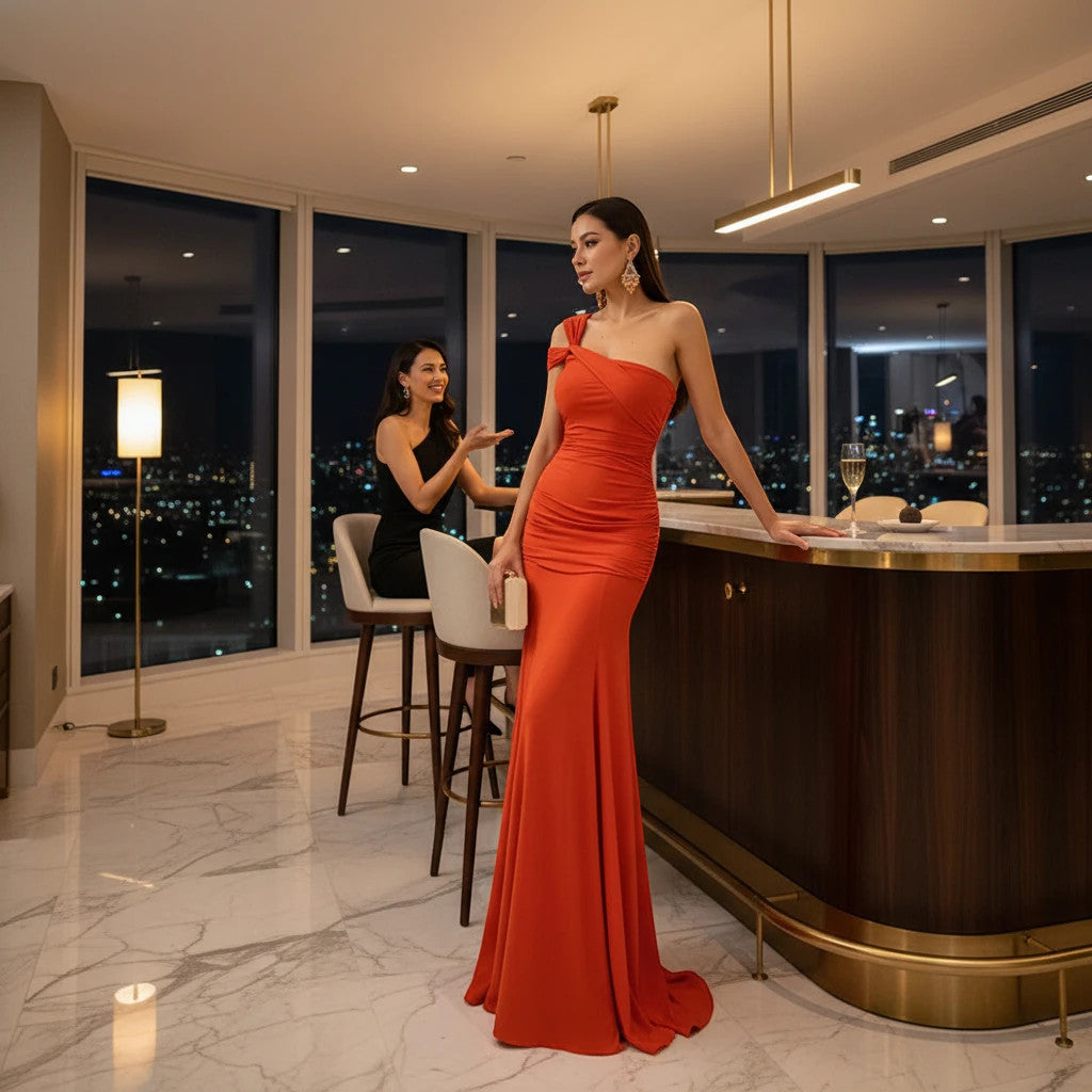 ZOFIA ATELIER orange one-shoulder draped polyester maxi A-line dress with high waist.