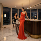 ZOFIA ATELIER orange one-shoulder draped polyester maxi A-line dress with high waist.