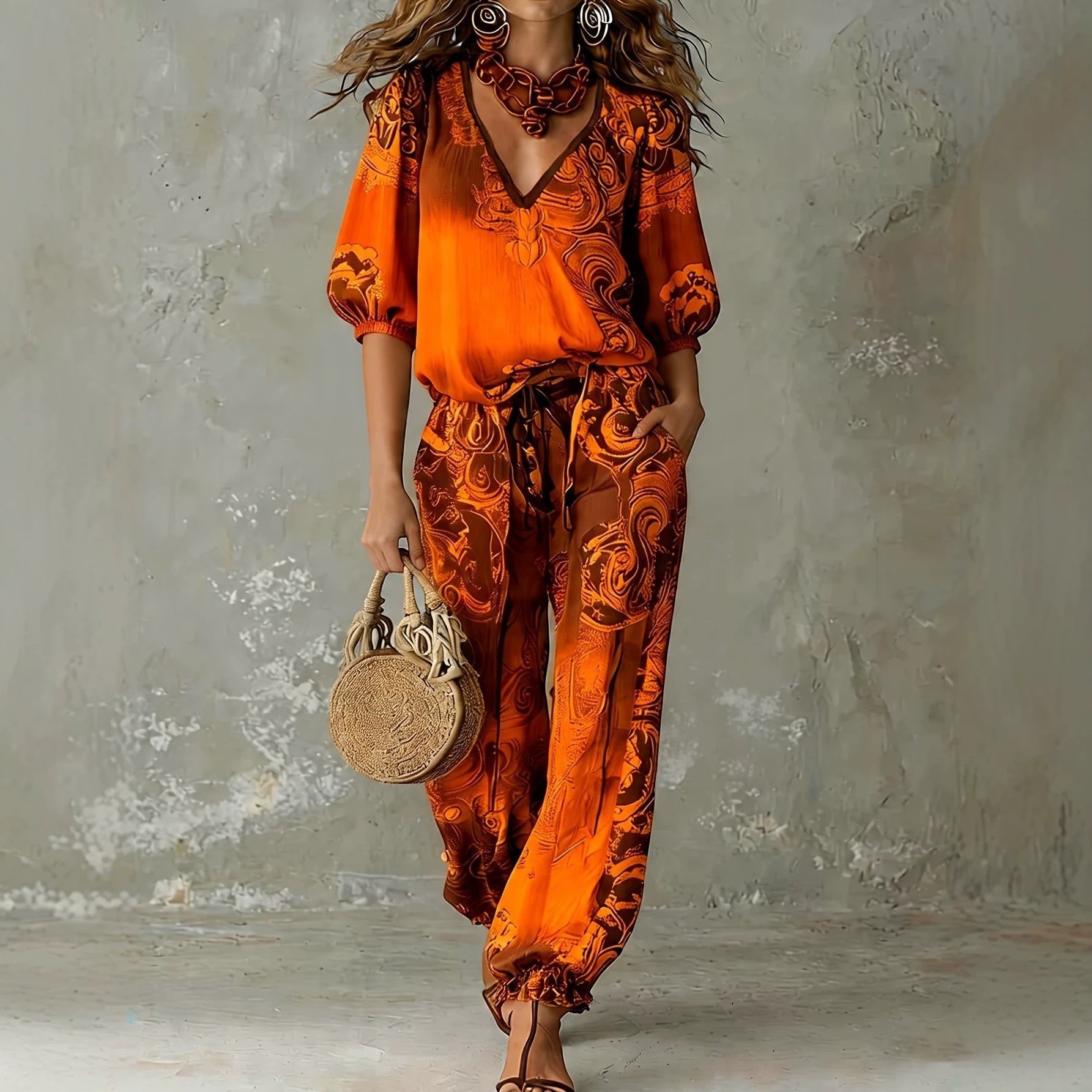 ZOFIA ATELIER orange and brown paisley print V-neck puff sleeve polyester set with full-length pants.