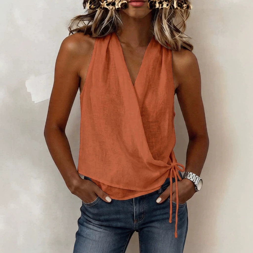 ZOFIA ATELIER orange polyester sleeveless V-neck wrap-style tank top with tie detail