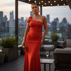 ZOFIA ATELIER orange polyester slim fit one-shoulder ruched evening gown with a high waist and mermaid hem.