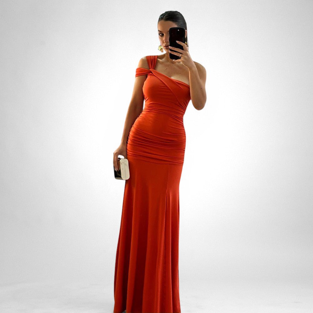 ZOFIA ATELIER orange polyester slim fit ruched maxi dress with oblique shoulder and slit