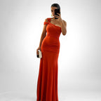 ZOFIA ATELIER orange polyester slim fit ruched maxi dress with oblique shoulder and slit
