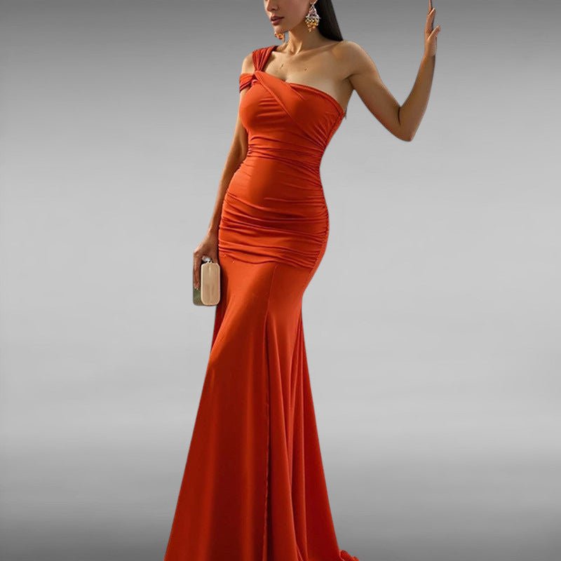 ZOFIA ATELIER orange one-shoulder ruched polyester maxi dress with A-line skirt