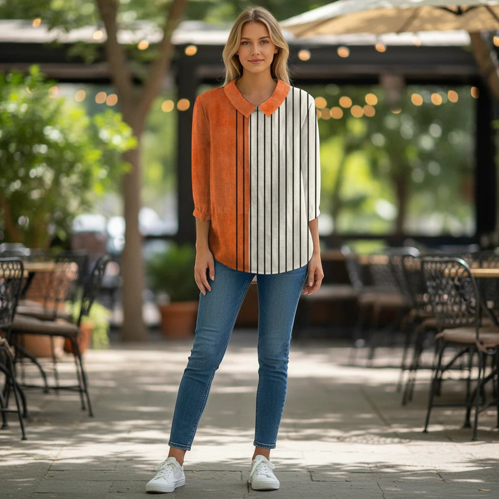 ZOFIA ATELIER orange and white striped 3/4 sleeve linen blend shirt with a collar, worn by a woman.