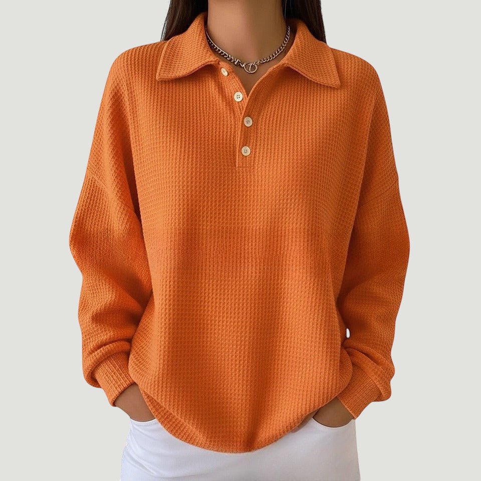 ZOFIA ATELIER orange waffle knit polo shirt with lapel and button closure, relaxed fit, mid-length