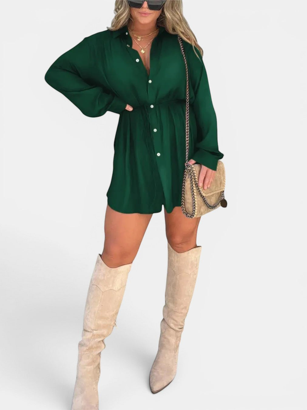 ZOFIA ATELIER Otylia green button-front long-sleeve shirt dress with cinched waist and shorts, paired with tan boots and a crossbody bag.