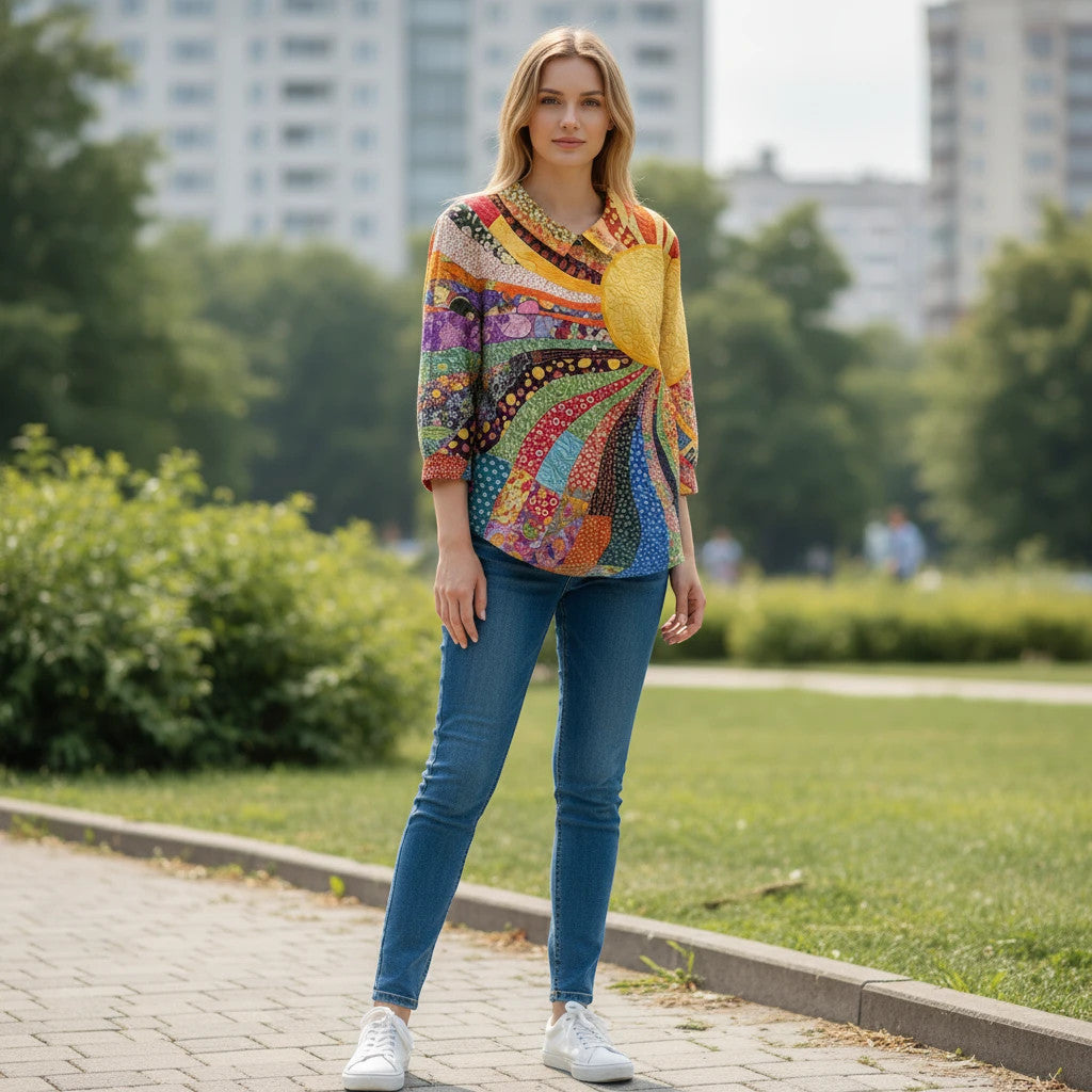 ZOFIA ATELIER colorful patchwork sunburst print linen blend 3/4 sleeve shirt on a woman.