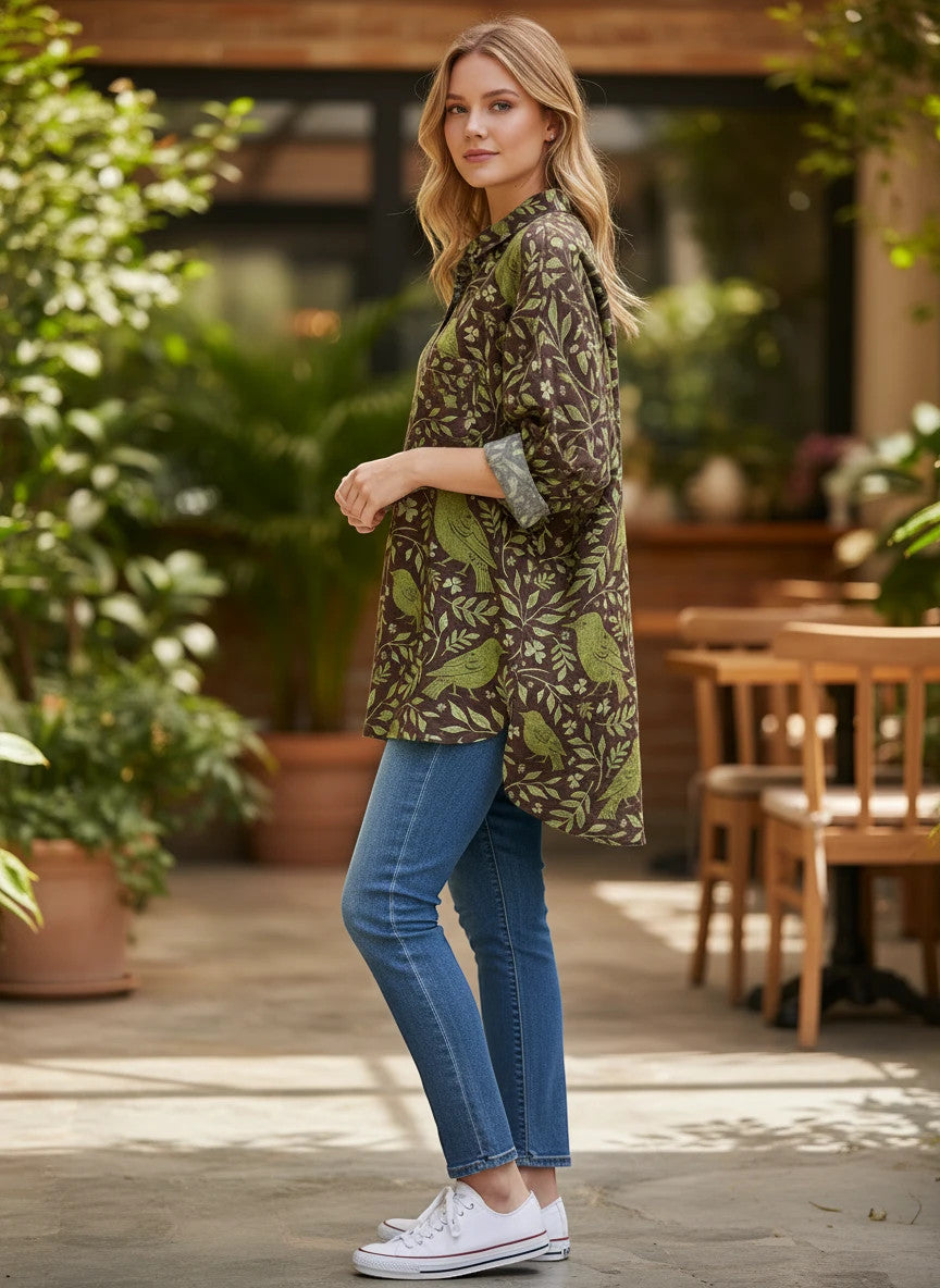 ZOFIA ATELIER PATRYCJA women's brown spandex shirt with green vintage bird and leaf print, sleeveless, collared
