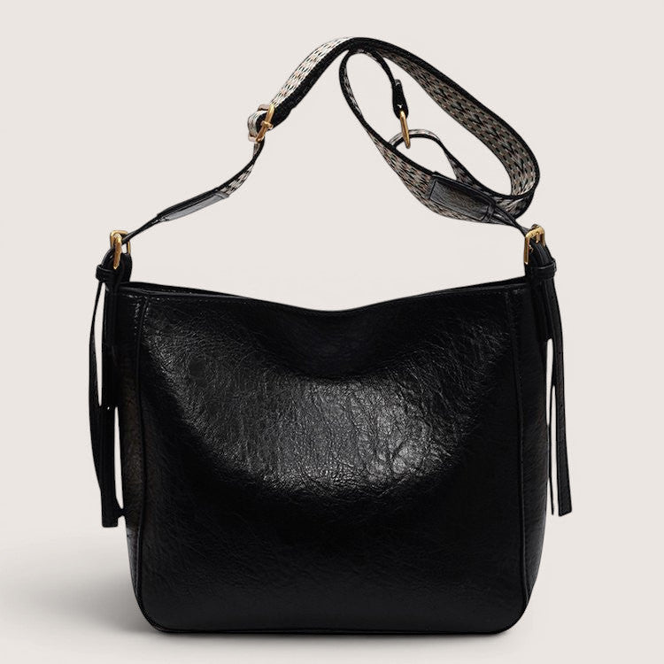 ZOFIA ATELIER PATRYCJA black PU leather retro crossbody bag with camera pocket and patterned strap