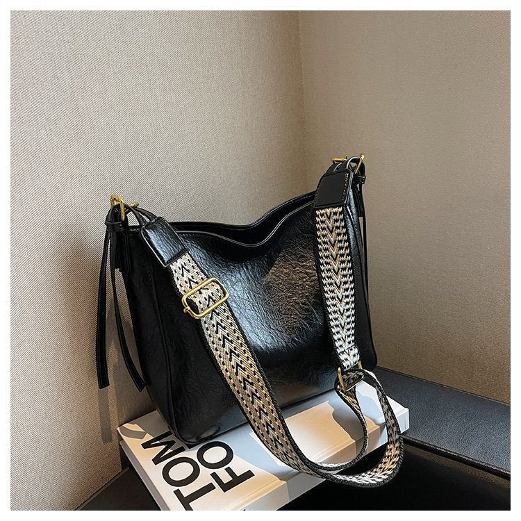 ZOFIA ATELIER PATRYCJA black PU leather retro crossbody bag with patterned strap