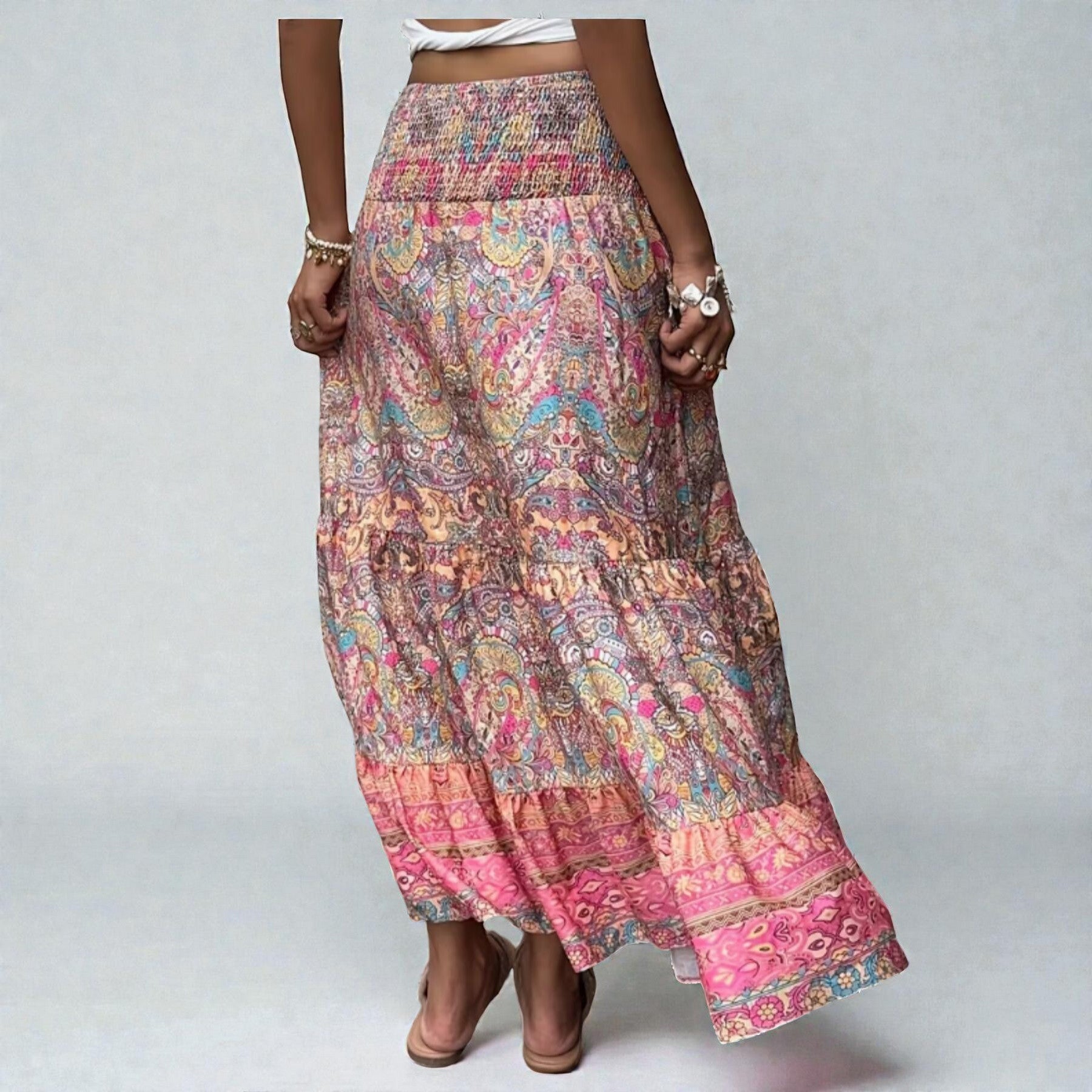 ZOFIA ATELIER patterned maxi skirt with elastic waist, ruffles, and patchwork in ethnic style. Flowing silhouette.