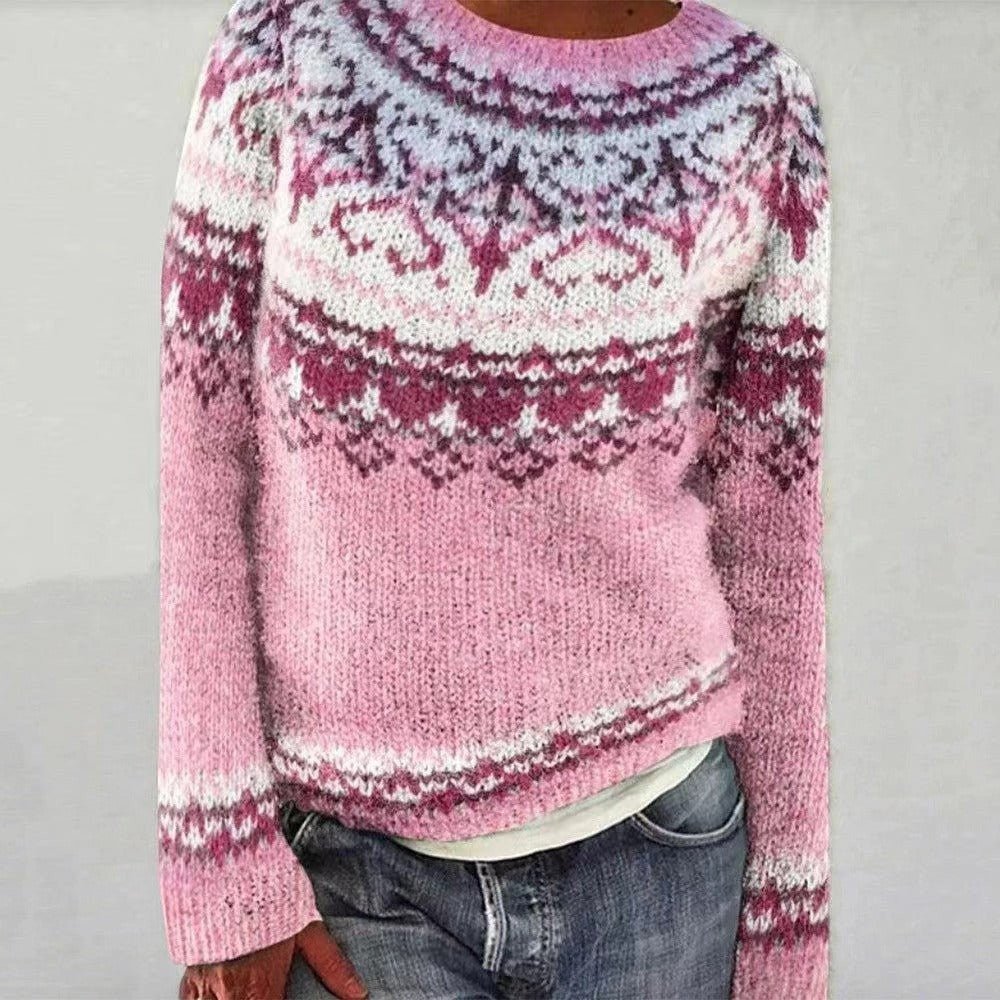 ZOFIA ATELIER pink and blue acrylic pullover sweater with geometric pattern and round neck.