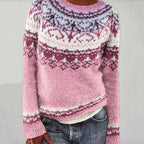 ZOFIA ATELIER pink and blue acrylic pullover sweater with geometric pattern and round neck.