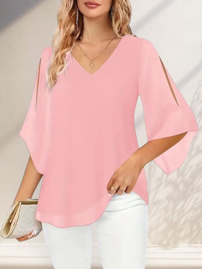 ZOFIA ATELIER pink chiffon split-sleeve V-neck blouse with a flowing drape and relaxed fit.