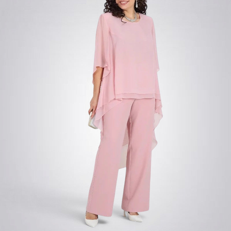 ZOFIA ATELIER pink flowy chiffon ensemble with loose-fitting top and ankle-length pants. Polyester.
