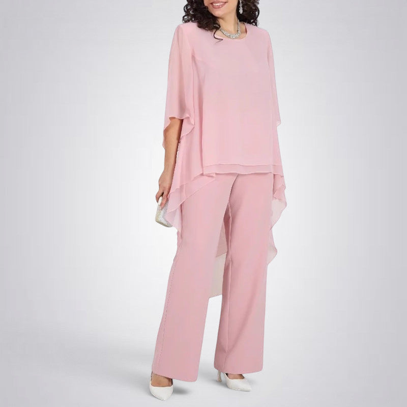 ZOFIA ATELIER pink flowy chiffon ensemble with loose-fitting top and ankle-length pants. Polyester.
