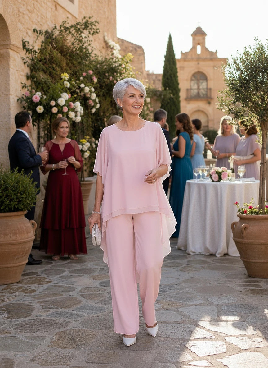 ZOFIA ATELIER light pink flowy chiffon ensemble with loose-fitting top and ankle-length pants.