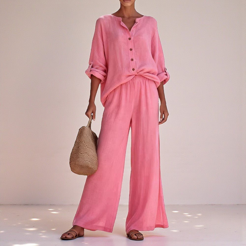 ZOFIA ATELIER pink cotton lounge set with V-neck long sleeve top and wide-leg pants.