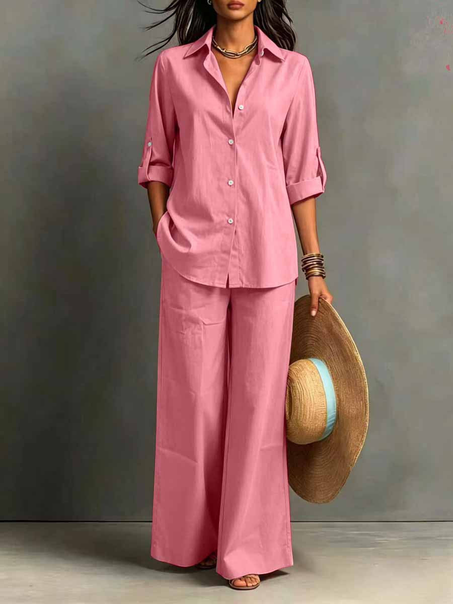 ZOFIA ATELIER pink cotton resort set with full-length pants and regular sleeves, perfect for casual wear.