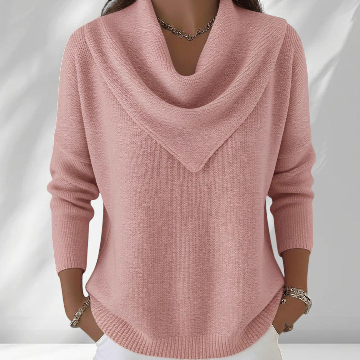 ZOFIA ATELIER pink polyester knit sweater top with cowl neck and loose fit