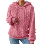 ZOFIA ATELIER pink plush flannel hooded coat with cable knit texture and geometric pattern
