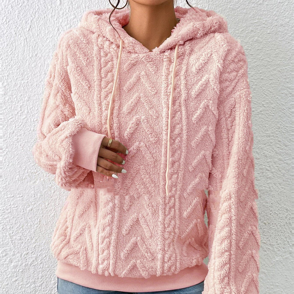 ZOFIA ATELIER pink plush flannel hooded coat with geometric pattern and drawstring