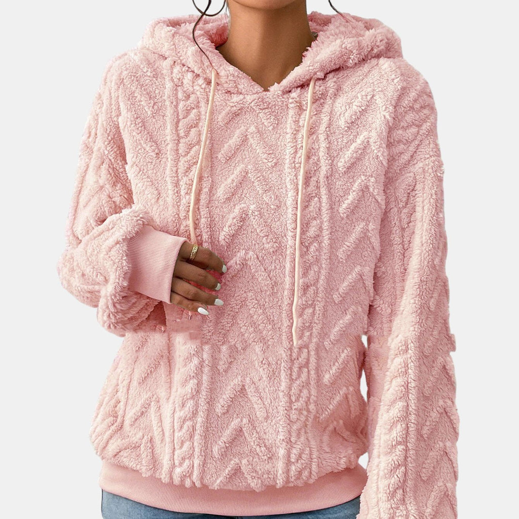 ZOFIA ATELIER pink plush flannel hooded coat with geometric pattern and drawstring