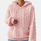ZOFIA ATELIER pink plush flannel hooded coat with geometric pattern and drawstring