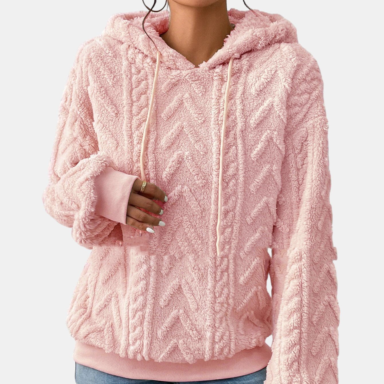 ZOFIA ATELIER pink plush flannel hooded coat with geometric pattern and drawstring