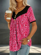 ZOFIA ATELIER pink floral v-neck short sleeve top with black contrast and button detail