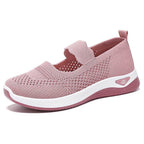ZOFIA ATELIER pink knit low-cut walking shoes with white sole and flat heel.