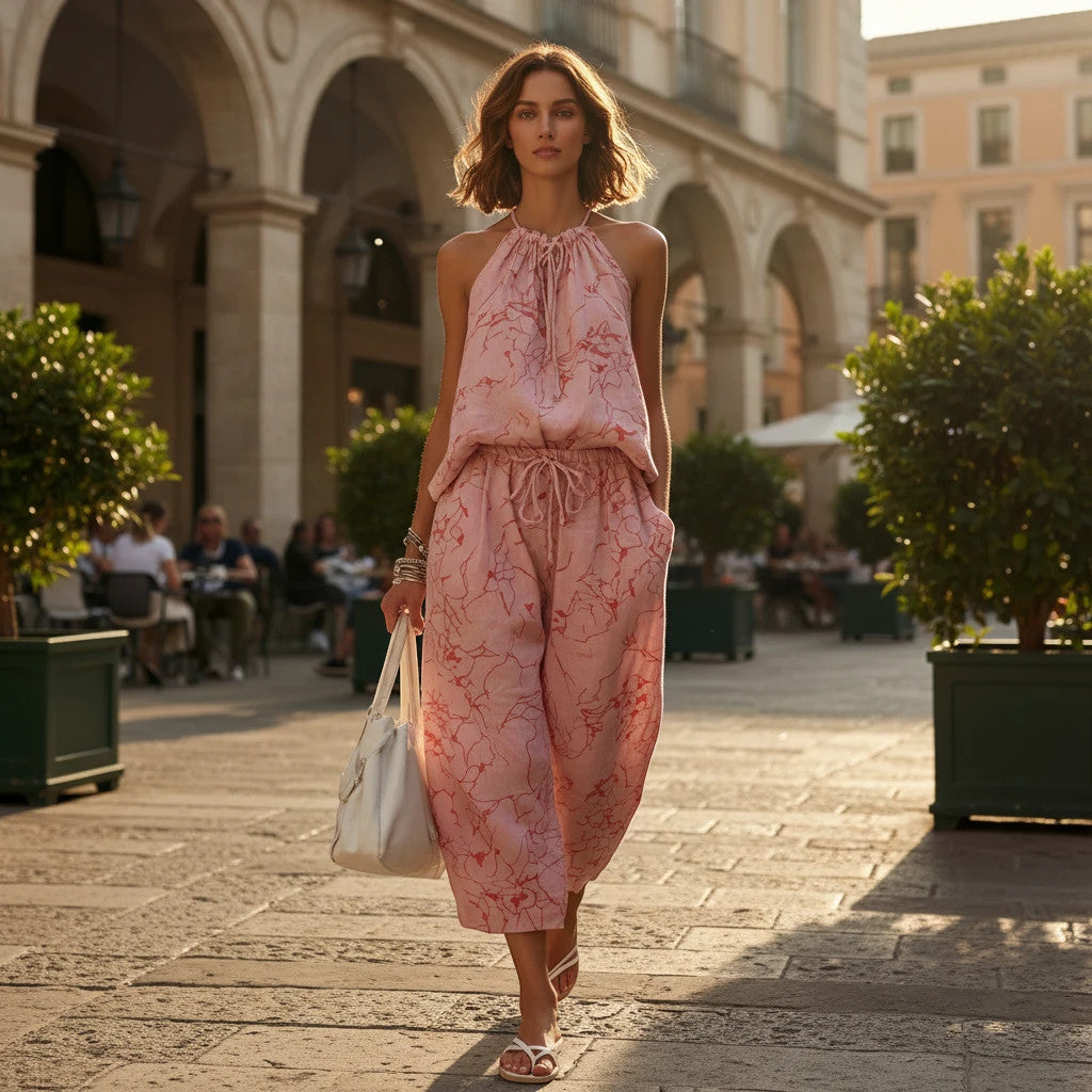 ZOFIA ATELIER pink linen blend backless camisole and wide-leg cropped pants set with floral print.