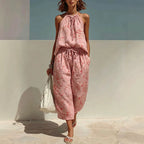 ZOFIA ATELIER pink linen blend backless camisole and wide-leg cropped pants set with floral print
