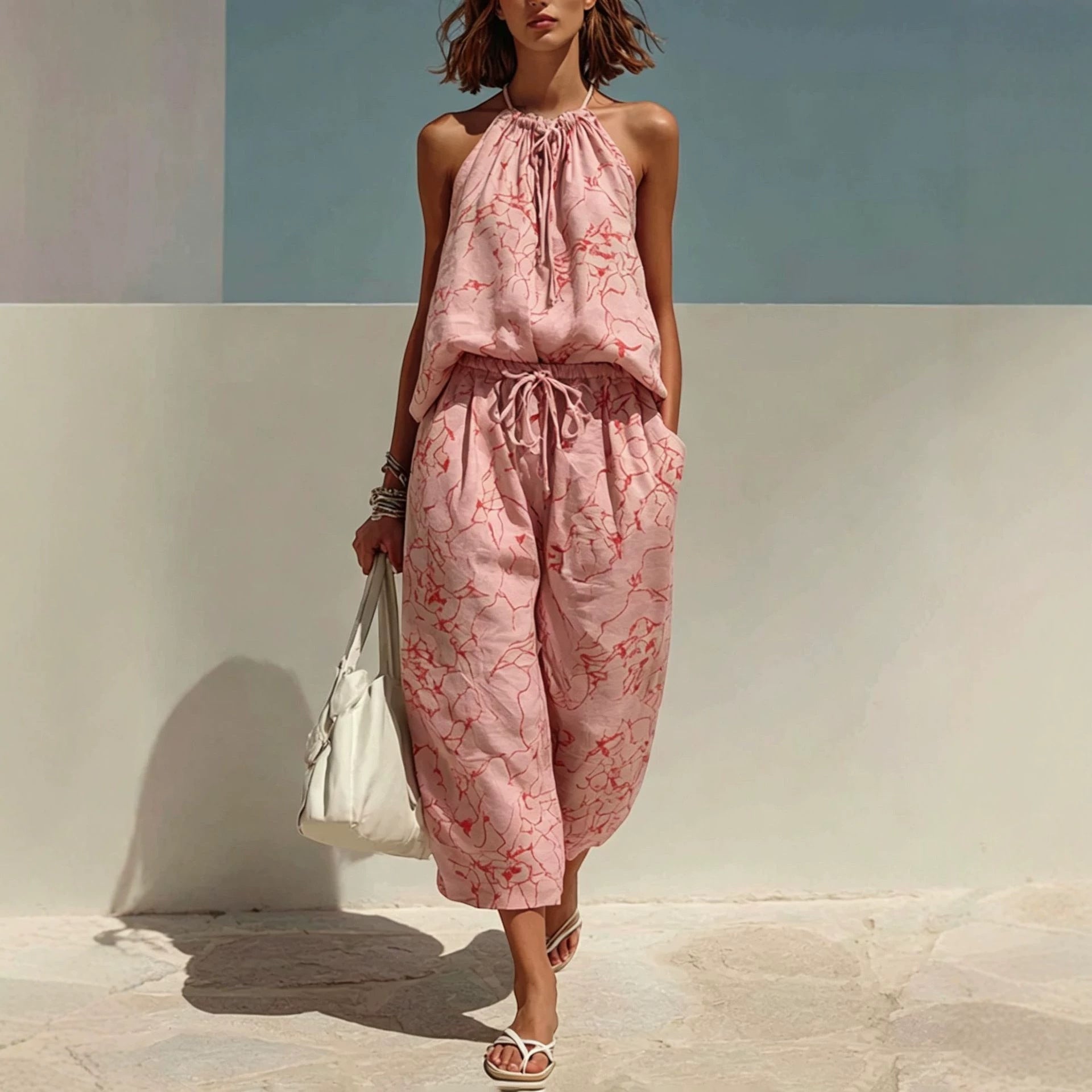 ZOFIA ATELIER pink linen blend backless camisole and wide-leg cropped pants set with floral print