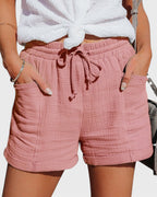 ZOFIA ATELIER pink linen-blend belted wide-leg shorts with drawstring waist and cuffed hem