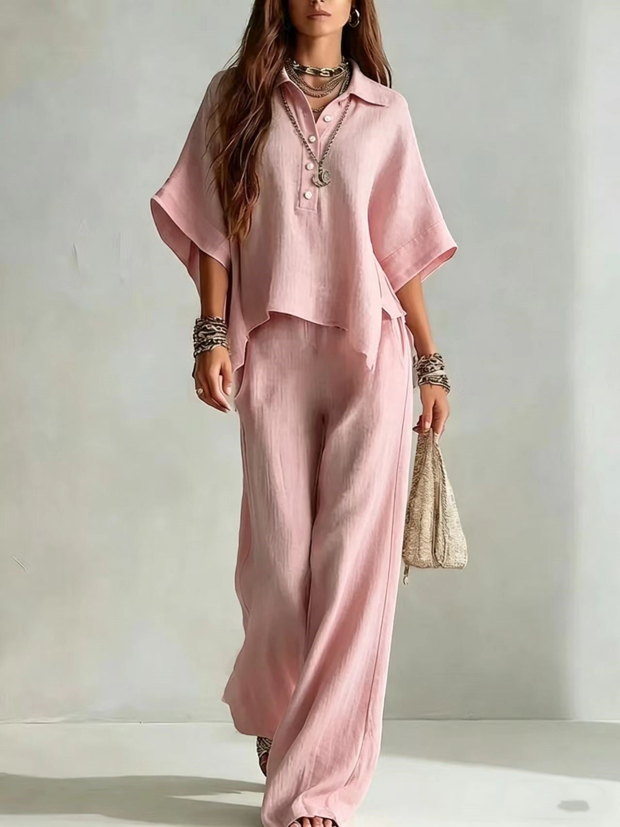 ZOFIA ATELIER pink linen-blend short sleeve collared shirt and wide-leg pants two-piece set.