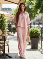 ZOFIA ATELIER pink linen blend short sleeve collared shirt and wide leg pants two-piece set