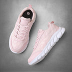 ZOFIA ATELIER pink lace-up casual running sneakers with white rubber soles and breathable mesh upper.