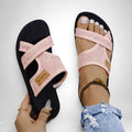 ZOFIA ATELIER pink mesh fabric cross-strap comfort slippers with black sole and PVC outsole.