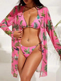 ZOFIA ATELIER pink mesh resort swim set with tropical leaf and bird print. Features bikini top, bottom, and long sleeve cover-up.