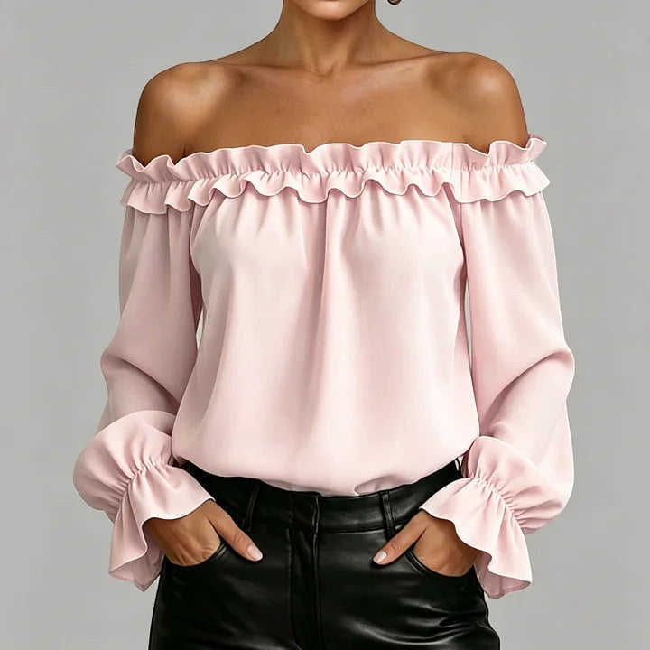 ZOFIA ATELIER pink polyester off-shoulder ruffled shirt with seven-quarter sleeves