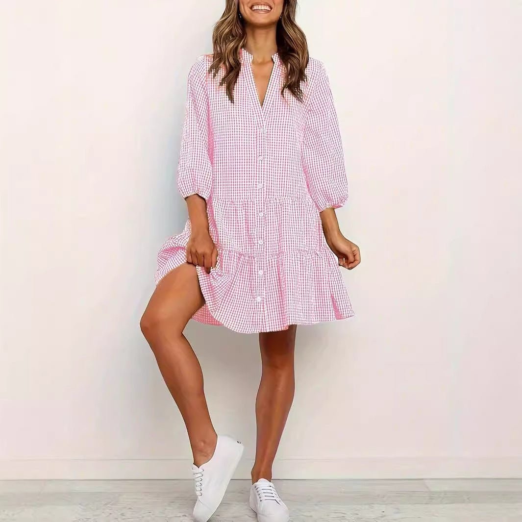 ZOFIA ATELIER pink and white plaid polyester dress with short sleeves and tiered skirt.