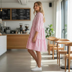 ZOFIA ATELIER pink and white plaid polyester dress with short sleeves and tiered skirt.