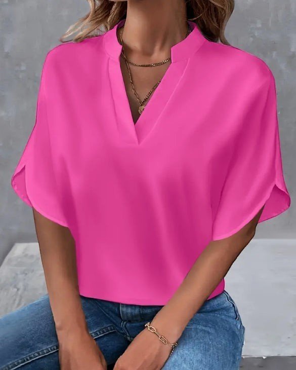 ZOFIA ATELIER bright pink polyester notch neck blouse with short split sleeves