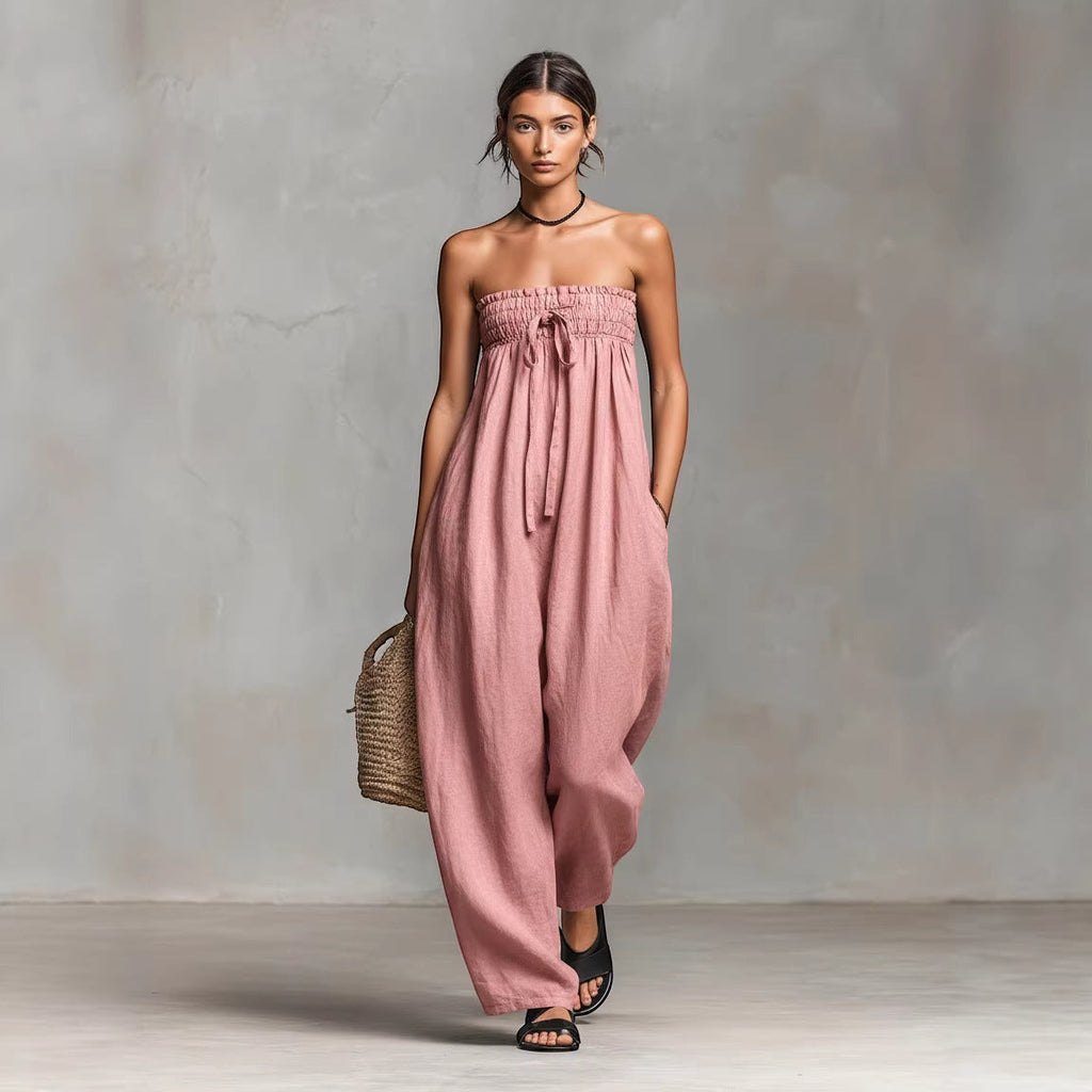 ZOFIA ATELIER pink ruched strapless polyester jumpsuit with a tie waist and wide legs