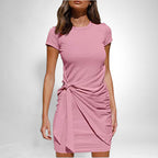 ZOFIA ATELIER pink short-sleeve cotton blend ruched mini dress with a tie-knot detail.