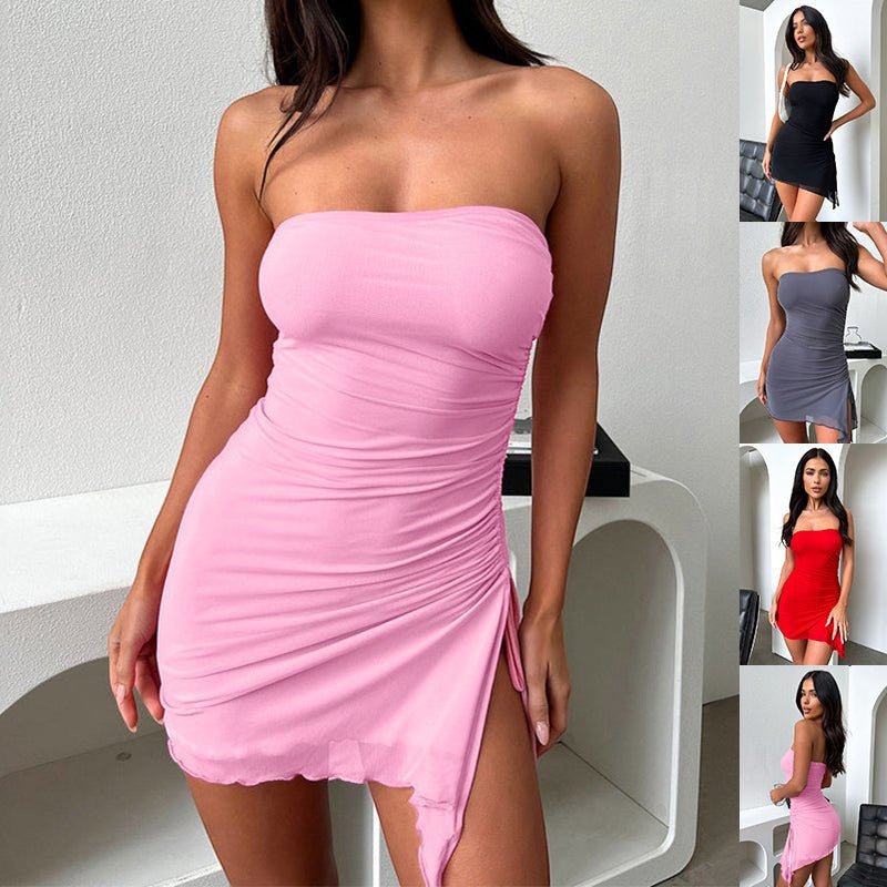 ZOFIA ATELIER pink ruched tube mini dress with a high slit, Y2K style, sleeveless, mesh overlay
